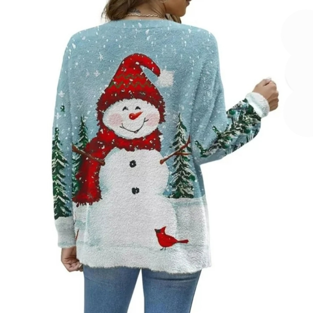Christmas sweater women's L graphic print allover wool winter snowman kawaii new